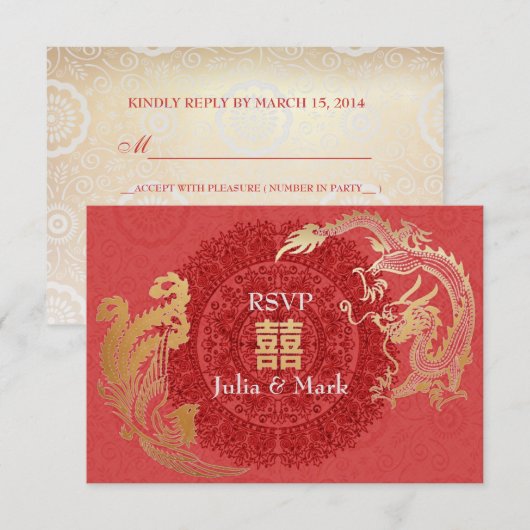 Modern Dragon-Phoenix Chinese Wedding RSVP Red (Voorkant / Achterkant)