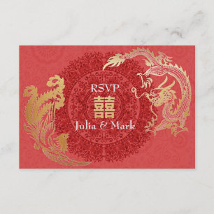 Modern Dragon-Phoenix Chinese Wedding RSVP Red Kaartje