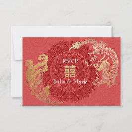 Modern Dragon-Phoenix Chinese Wedding RSVP Red Kaartje