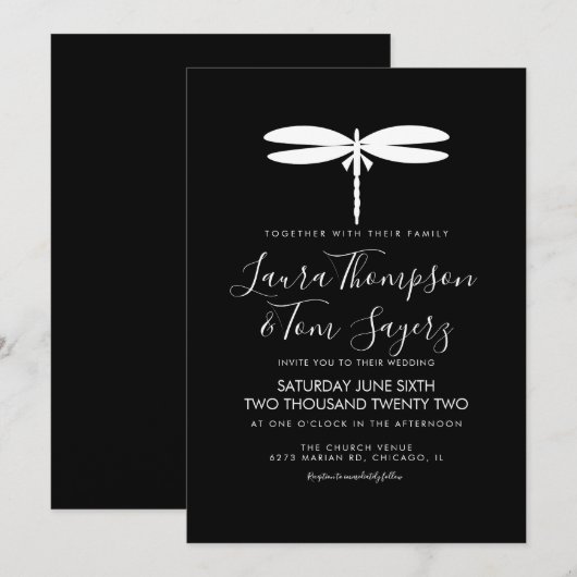 Modern Dragonfly Wedding Logo Black White Kaart (Voorkant / Achterkant)