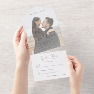 Modern dramatisch script en fading Photo Wedding All In One Uitnodiging