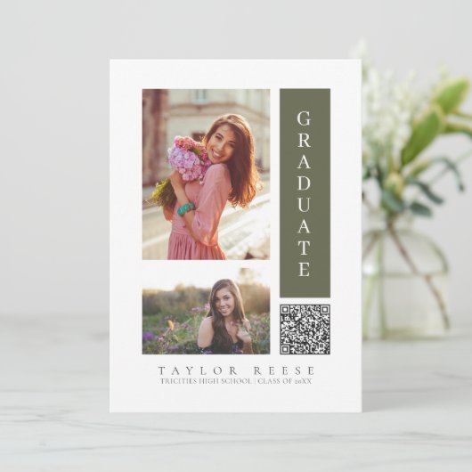 Modern Drie Foto Afstuderen QR Code ID1099 Kaart (Staand voorkant)