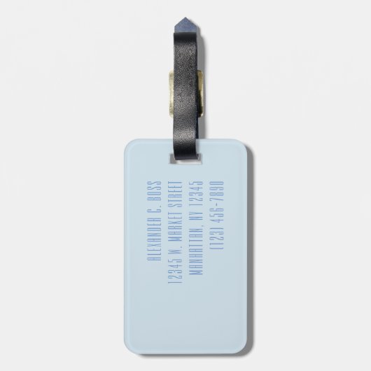 Modern drie-letterige monogram lichtblauw bagagelabel (Achterkant verticaal)
