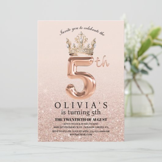 Modern Drips Rose Gold Kroon 5e Verjaardagsfeestje Kaart (Staand voorkant)