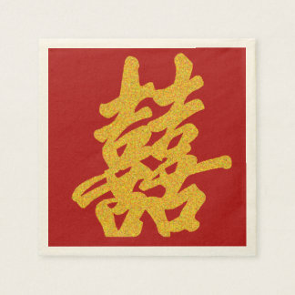 Modern Dubbel Geluk Bruiloft Gouden Glitter Servet