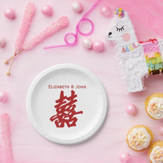 Modern Dubbel Geluk Bruiloft Papieren Bordje (Feest)