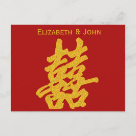 Modern Dubbel Geluk Bruiloft RSVP Gouden Glitter Uitnodiging Briefkaart