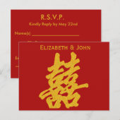 Modern Dubbel Geluk Bruiloft RSVP Gouden Glitter Uitnodiging Briefkaart (Voorkant / Achterkant)