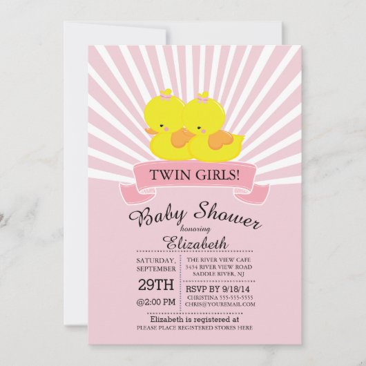 Modern Duck Twin Meisje Baby shower Invitation Kaart (Voorkant)