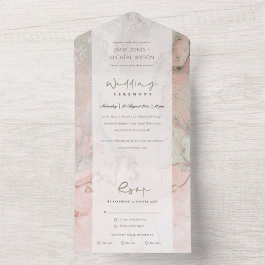 MODERN DUSKY BLUSH PINK ROSE GOLD AGATE WEDDING ALL IN ONE UITNODIGING (Binnen)