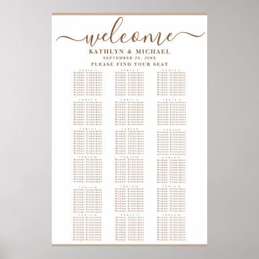 Modern Dusty Beige Simple Wedding 18 Table Seating Poster (Voorkant)