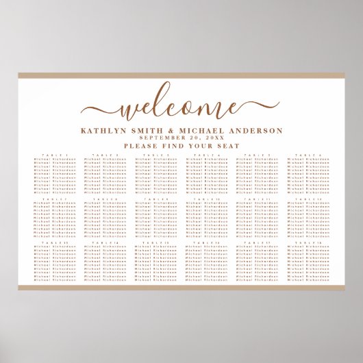 Modern Dusty Beige Simple Wedding 18 Table Seating Poster (Voorkant)