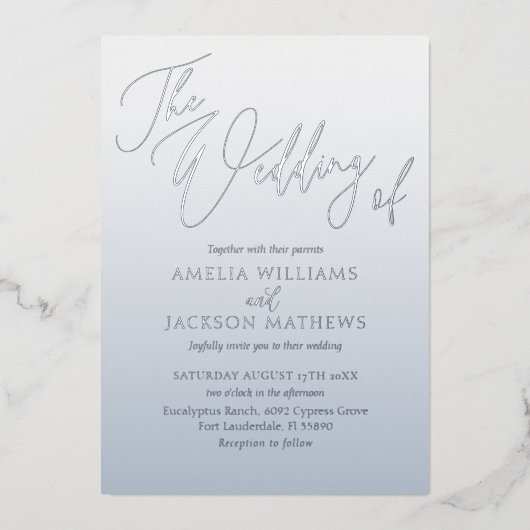 Modern Dusty Blauw & Zilver bruiloft Folie Uitnodiging (Voorkant)