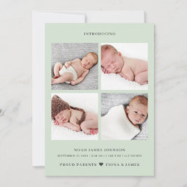 Modern Dusty Bleek Green Photo Collage Grid Birth Aankondiging
