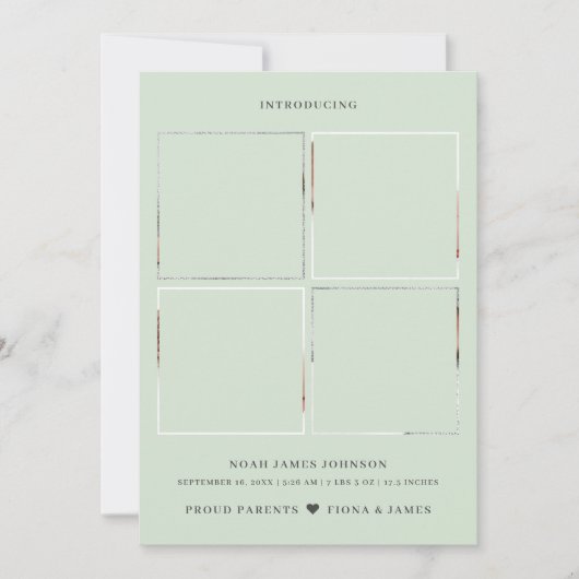 Modern Dusty Bleek Green Photo Collage Grid Birth Aankondiging (Voorkant)