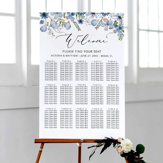 Modern Dusty Blue 15 Tafels Bruiloft Zitkaarten Poster