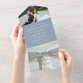 Modern Dusty Blue 2 Foto RSVP Wedding All In One Uitnodiging