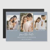 Modern Dusty Blue 3 foto bruiloft Save The Date Magnetische Uitnodiging (Voorkant / Achterkant)