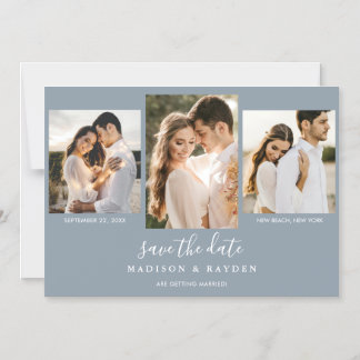 Modern Dusty Blue 3 foto bruiloft Save The Date Magnetische Uitnodiging