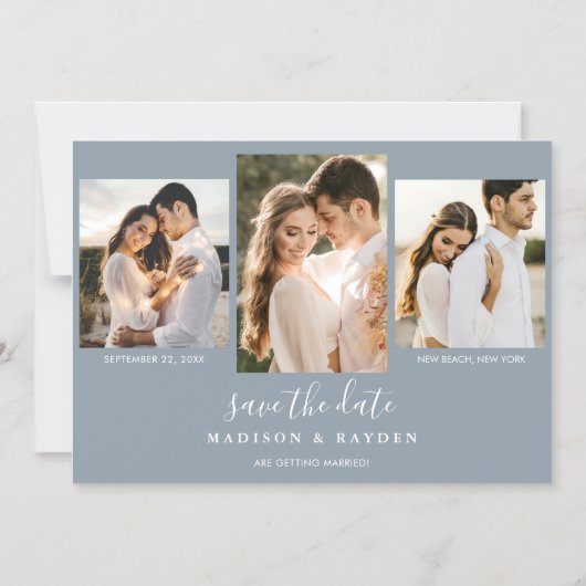 Modern Dusty Blue 3 foto bruiloft Save The Date Magnetische Uitnodiging (Voorkant)