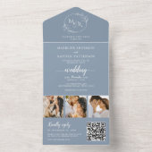 Modern Dusty Blue 3 foto Floral krans bruiloft All In One Uitnodiging (Binnen)