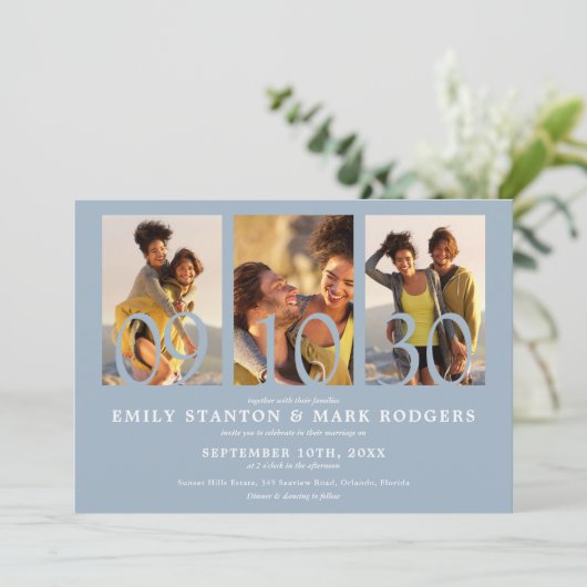 Modern Dusty Blue 3 Photo Collage Wedding Kaart (Staand voorkant)