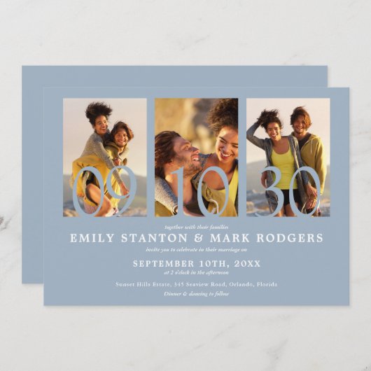 Modern Dusty Blue 3 Photo Collage Wedding Kaart (Voorkant / Achterkant)