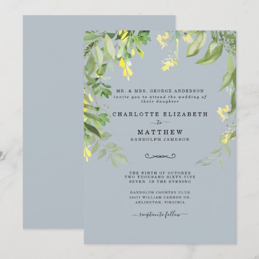 Modern Dusty Blue and Yellow Floral Wedding Invita Kaart (Voorkant / Achterkant)