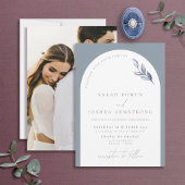 Modern Dusty Blue Arch Botanical Photo Wedding Inv Kaart