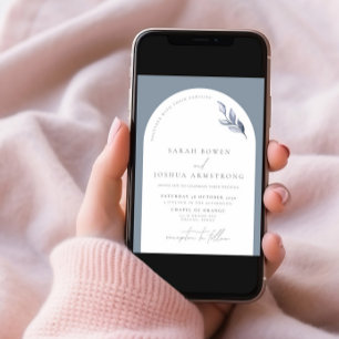 Modern Dusty Blue Arch Botanical Photo Wedding Inv Kaart