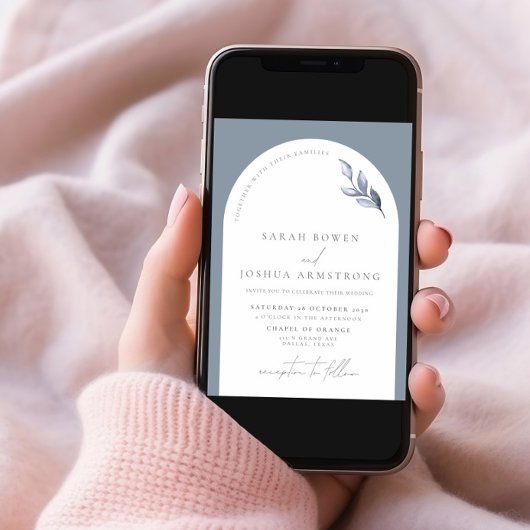 Modern Dusty Blue Arch Botanical Photo Wedding Inv Kaart