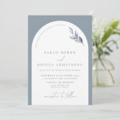 Modern Dusty Blue Arch Botanical Photo Wedding Kaart (Staand voorkant)
