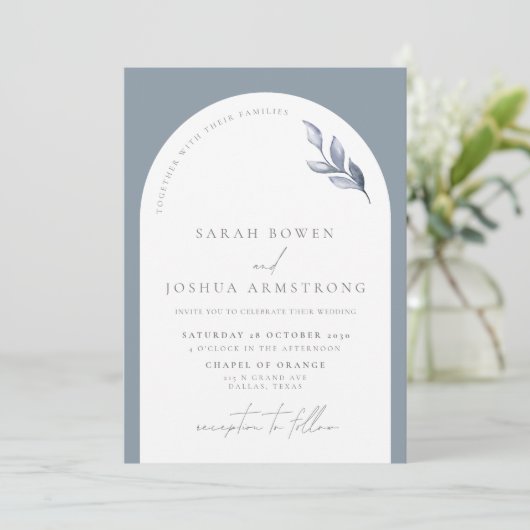 Modern Dusty Blue Arch Botanical Photo Wedding Kaart (Staand voorkant)