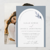 Modern Dusty Blue Arch Botanical Photo Wedding Kaart (Voorkant / Achterkant)