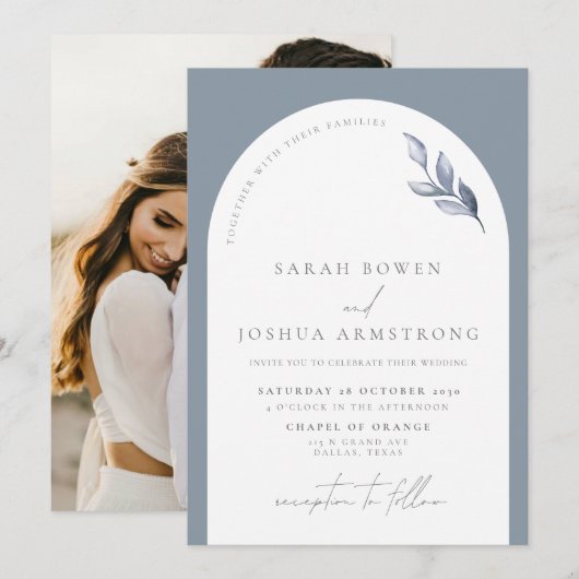 Modern Dusty Blue Arch Botanical Photo Wedding Kaart (Voorkant / Achterkant)