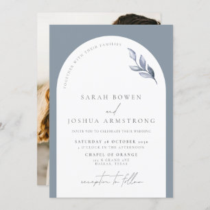 Modern Dusty Blue Arch Botanical Photo Wedding Kaart