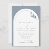 Modern Dusty Blue Arch Botanical Script Weddenscha Kaart (Voorkant)