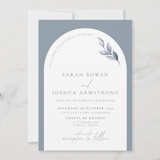 Modern Dusty Blue Arch Botanical Script Weddenscha Kaart (Voorkant)