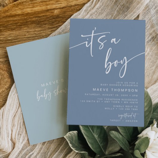 Modern Dusty Blue Baby shower Invitation It a Boy Kaart