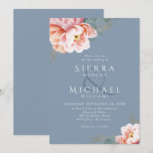 Modern Dusty Blue Blush Roze Perzik Bloemen Bruilo Kaart (Voorkant / Achterkant)