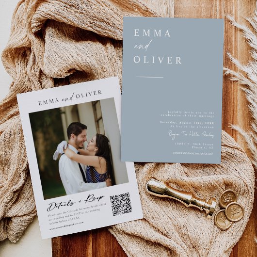 Modern Dusty Blue Boho Wedding Photo QR Code RSVP Kaart