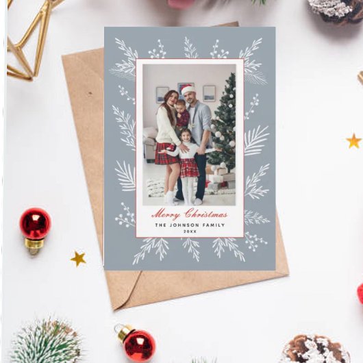 Modern Dusty Blue botanisch lijst Kerst Feestdagenkaart