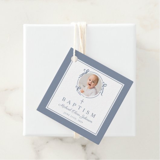 Modern Dusty Blue Boy Baptism Photo Bedankjes Labels (In situ)