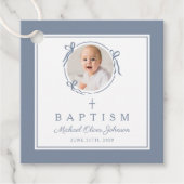 Modern Dusty Blue Boy Baptism Photo Bedankjes Labels (Voorkant)