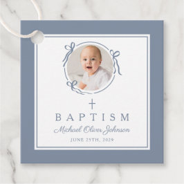 Modern Dusty Blue Boy Baptism Photo Bedankjes Labels