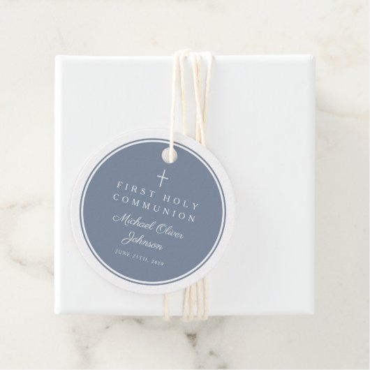 Modern Dusty Blue Boy First Communion Bedankjes Labels (In situ)