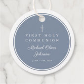 Modern Dusty Blue Boy First Communion Bedankjes Labels (Voorkant)