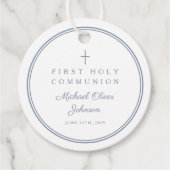 Modern Dusty Blue Boy First Communion Thank You Bedankjes Labels (Voorkant)