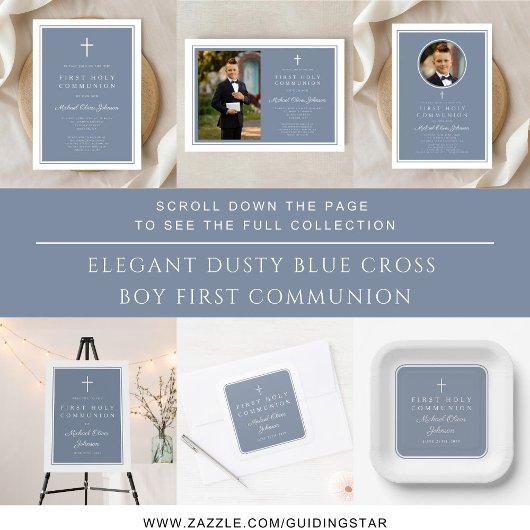 Modern Dusty Blue Boy Photo First Communion Kaart