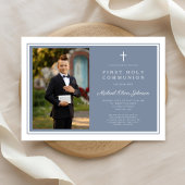 Modern Dusty Blue Boy Photo First Communion Kaart